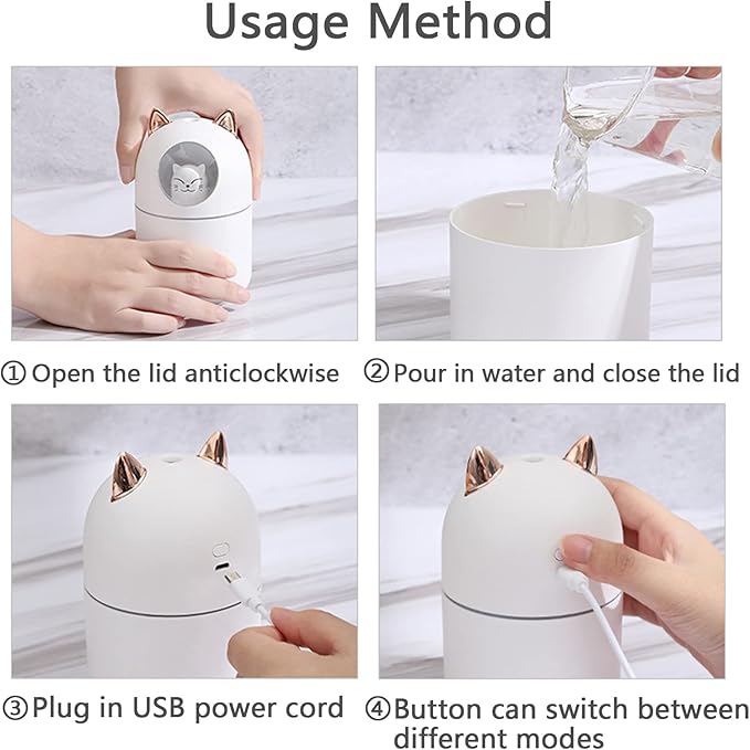 Small Humidifier Cute Portable Cool Mist Humidifier 300ML 7 Color Night Light USB Air Humidifier for Bedroom Office Desk Car Plants Travel (White)