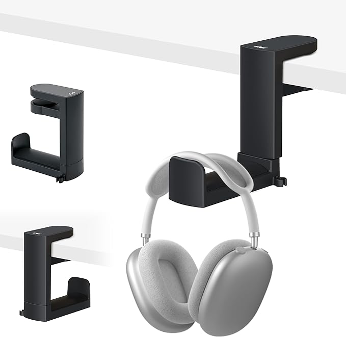 KIWIFOTOS Headphone Stand Holder Under Desk, PC Gaming Headset Hook Hanger Mount with 360 Adjustable Rotating Arm Clamp & Built in Cable Clip - Black