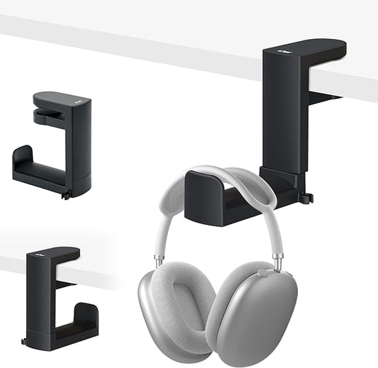 KIWIFOTOS Headphone Stand Holder Under Desk, PC Gaming Headset Hook Hanger Mount with 360 Adjustable Rotating Arm Clamp & Built in Cable Clip - Black