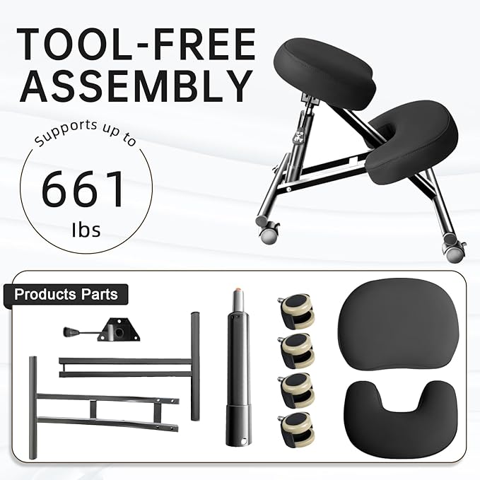 PU Leather Ergonomic Kneeling Chair, Adjustable Home and Office Stool with Thick Pads and Flexible Lockable Brake Wheels for Back Pain Relief (Dark Black)