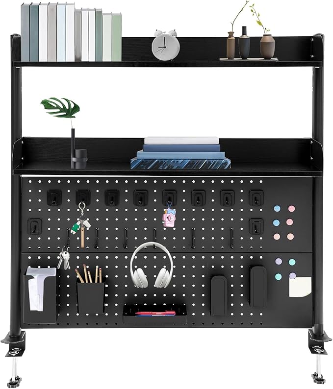 Clamp on Desk Organizer Shelf with Pegboard, Multipurpose Desktop Hutch Desk Bookshelf Desktop Bookcase Storage Rack Display Shelf for Home Office Dorm, Study Rooms, Bedrooms (Black)