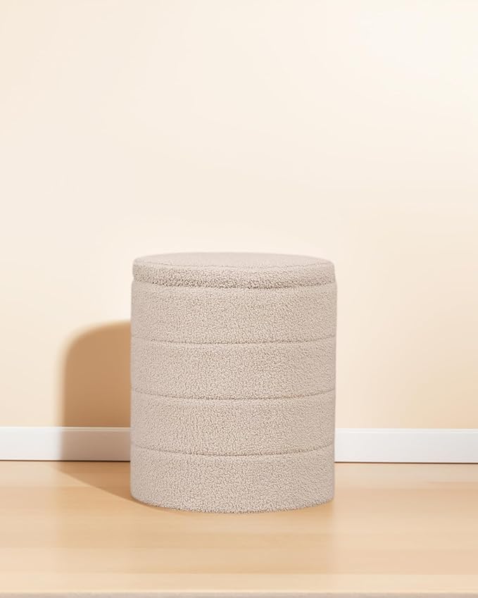 Round Boucle Storage Ottoman, Sherpa Teddy Fabric Ottoman Footstool with Reversible Tray Lid, Folding Footrest with Storage for Living Room, Bedroom, Dorm, Beige, 14.6" x 14.6" x 17.7"