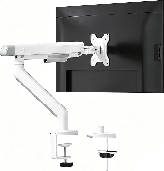FlexiSpot Single Monitor Arm, Premium Aluminum Monitor Desk Mount Fits Screen up to 35 Inches 19.84 lbs, Fully Adjustable Monitor Stand with C-Clamp & Grommet Base for Home Office, White
