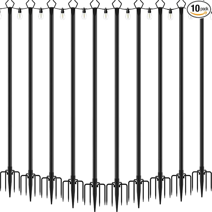 AILBTON 10Ft String Light Poles 10 Pack,Light Poles for Outside Lights,Outdoor with Fence Brackets Hanging Lights,Metal Stand Deck Patio Backyard