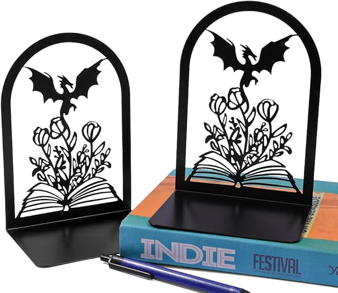 Book Ends, Bookends, Book Ends for Shelves, 1 Pair Non Skid Metal Book Divider Decorative Holder, Abstract Art Desgin Book Stopper Supports for Office, Home (Dragon A)