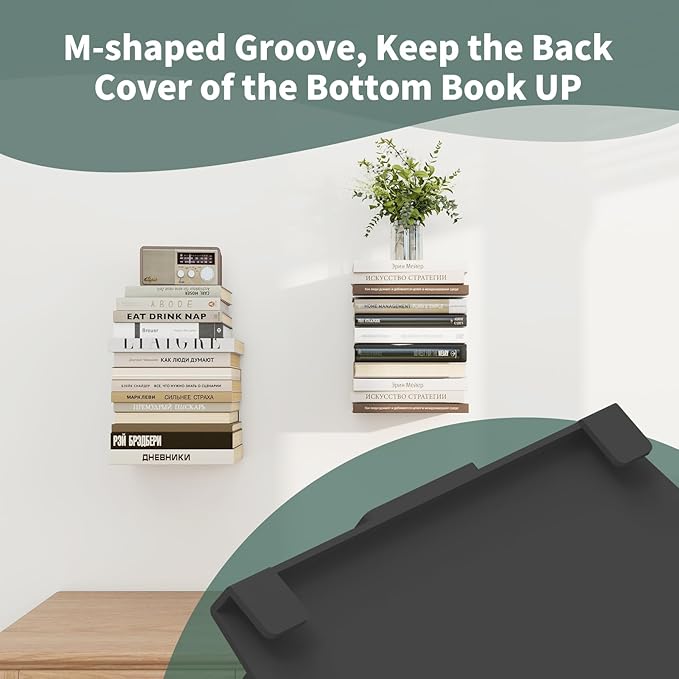Mefirt Invisible Floating Bookshelves for Wall, 4 Tier Vertical Spine Book Tower, Heavy Duty Floating Book Shelves Metal Book Organizers for Home Office, 2 Pack(Black)
