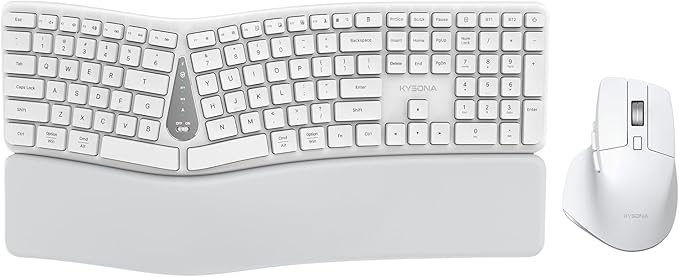 KYSONA Ergonomic Keyboard Mouse Wireless Combo, Full Size Bluetooth Split Keyboard with Wrist Rest, 4 Level DPI Ergo Mouse for Windows Mac OS Computer, White