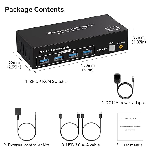 Displayport KVM Switch 2 Monitors 2 Computers 8K 60Hz 4K 120Hz Dual Monitor USB 3.0 KVM Switches for 4 USB Devices, Wired Extension Button,12V DC Adapter and USB3.0 Cables
