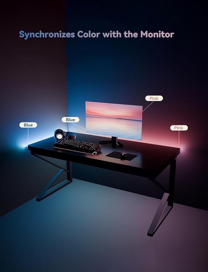 RGB Backlight for PC & Mac, LED Strip Light Sync with Screen Color or Music, Stick to the Edge of Your Desk, LEDs for Desk Gaming, USB Port, Software Control, 4.6ft / 1.6m