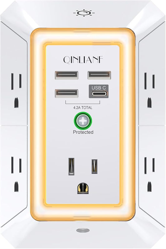 3-Sided Outlet Extender with Night Light - QINLIANF Multi Plug Outlet with 5 Outlets and 4 USB Ports(1 USB-C), USB Wall Charger for Home, Office, Travel, ETL Listed, White