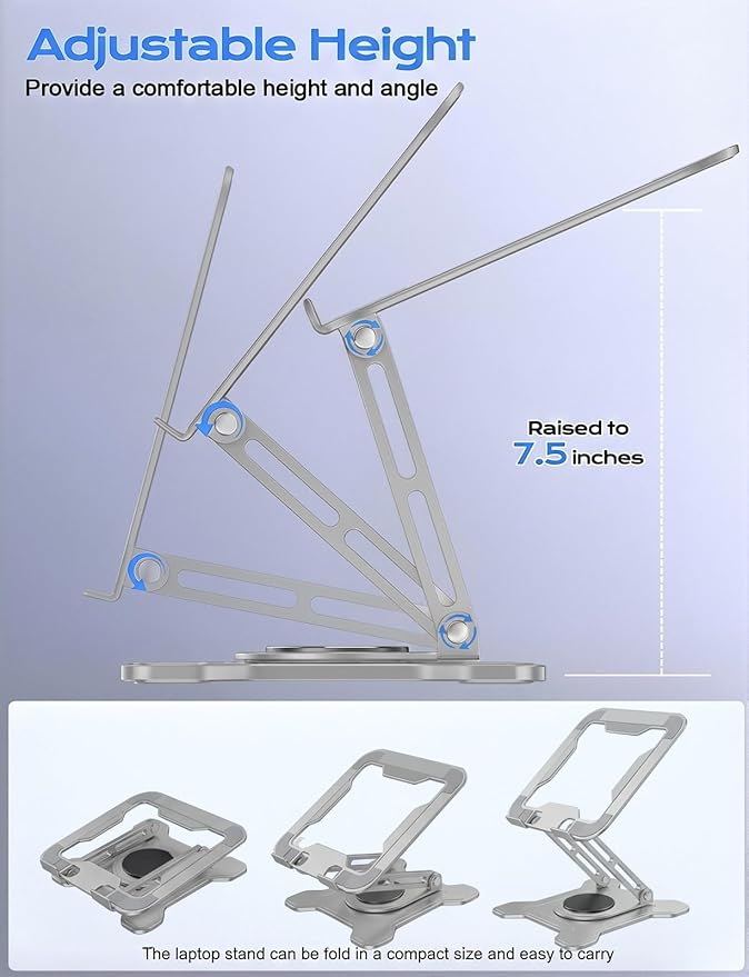 JCZT Adjustable Laptop Stand for Desk, 360° Rotating Base Ergonomic Computer Stand, Laptop Riser Foldable Protable for Office Home Fits Compatible with MacBook Pro/Air Notebook up to 10-16" Gray