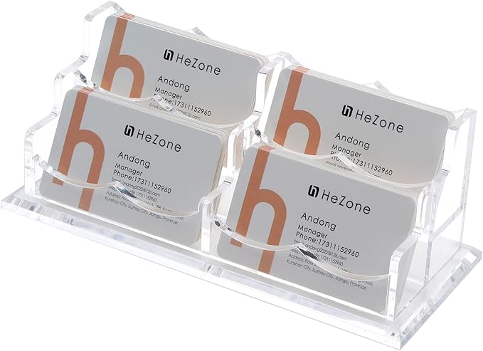 HeZone Business Card Holder Display for Desk, Cards Organizer Case for Women and Men 4 Slot 2 Tier, Clear Acrylic Business Card Stand Rack with 1 Pack (4 Grid-H)