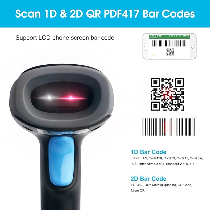 Sumicor 2D USB Barcode Scanner with Stand, Handheld 1D 2D QR Barcode Reader Support Mobile Payment Laptop Screen Scan Wired Bar Code Scanner for Supermarket Retail Store