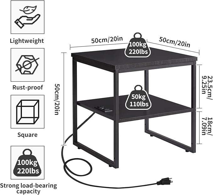 Aibiju Adjustable 20-inch Side Table with Charging Station and USB Port, Dormitory Refrigerator Shelf, Square Coffee Table, Large Printer Stand, Black YD-TM153BD