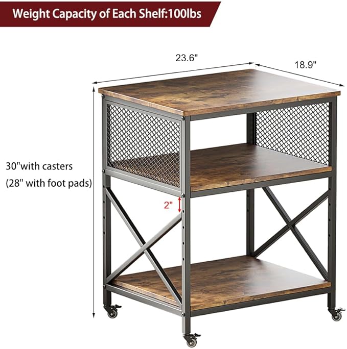 KaKaBB Large Printer Stand, Adjustable Height Printer Table with Storage Shelf, 23.6 x18.9 x 30 Inches 3 Tier Rolling Printer Cart for Home Office (Rustic Brown)
