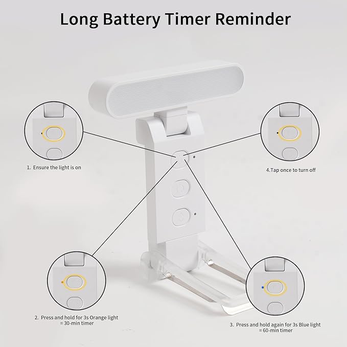 Book Light,USB Rechargeable Clip-On Reading Light,30 Adjustable Modes,Eye-Caring with Timer,Perfect for Book Lovers/Travel (White, Rectangle)