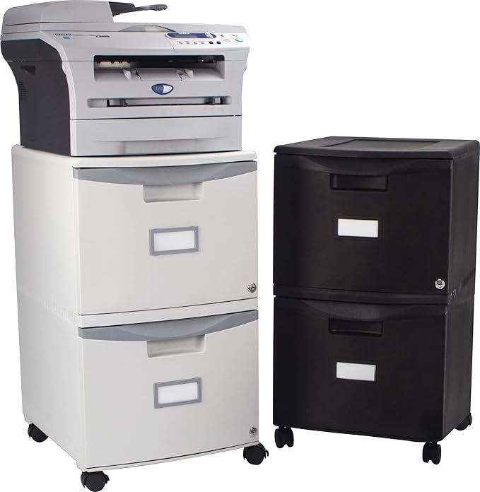 Storex Plastic Two-Drawer Mobile Pedestal File Cabinet – Locking Document Organizer with Casters for Home and Office, Black, 1-Pack (61314C01C)