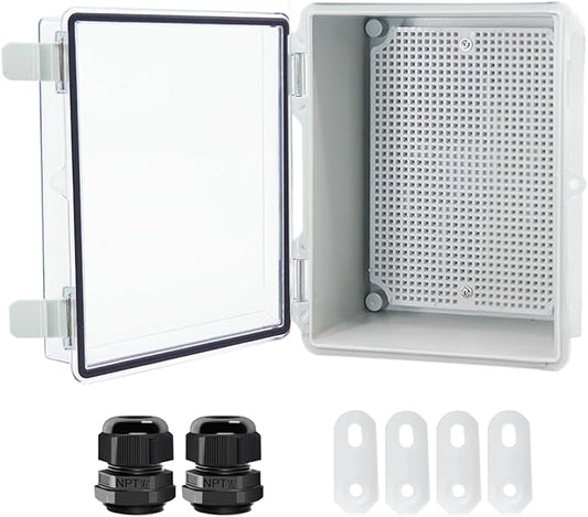 Junction Box, Hinged Clear Cover IP67 Waterproof ABS Project Box with 2 NPT 1/2" Cable Gland, Electrical Box Enclosure with Mounting Plate & Wall Bracket 8.7 x 6.7 x 4.3inch(220x170x110mm)