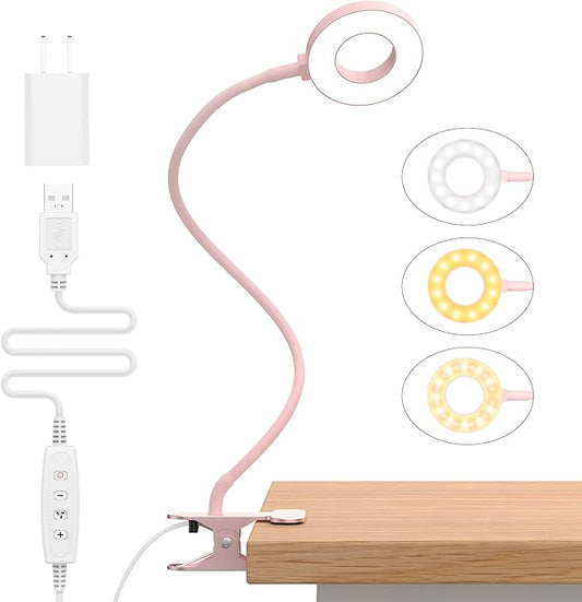 iZELL LED Desk Lamp with Clamp, Reading Light with 3 Color Modes & 10 Brightness Levels, Flexible Arm Book Light for Kids Reading in Bed at Night, Clip on Table, Computer, Zoom Meetings - 27.6'' Pink