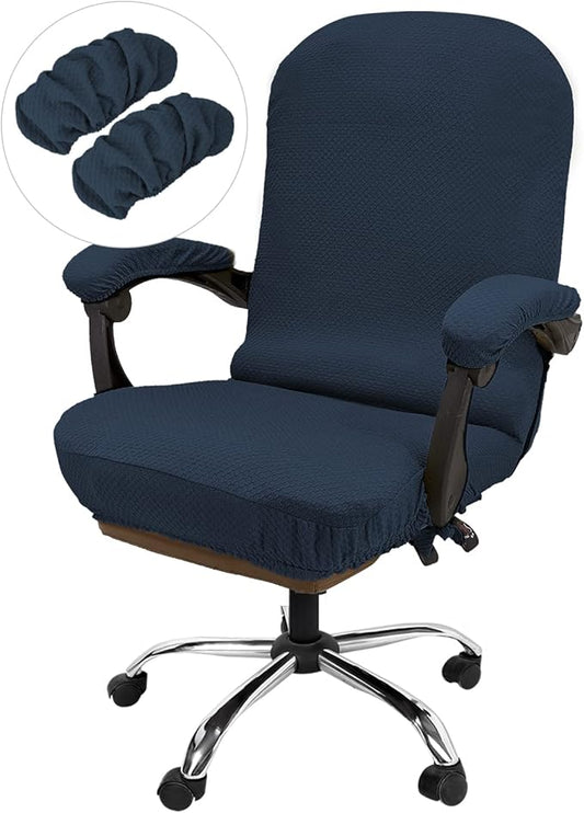NeColorLife Office Chair Cover with Armrest Covers Stretchable - Zippered High Back Seat Cover for Extra Large Executive Desk Chairs,Big Tall Man (X-Large Size, Navy Blue)