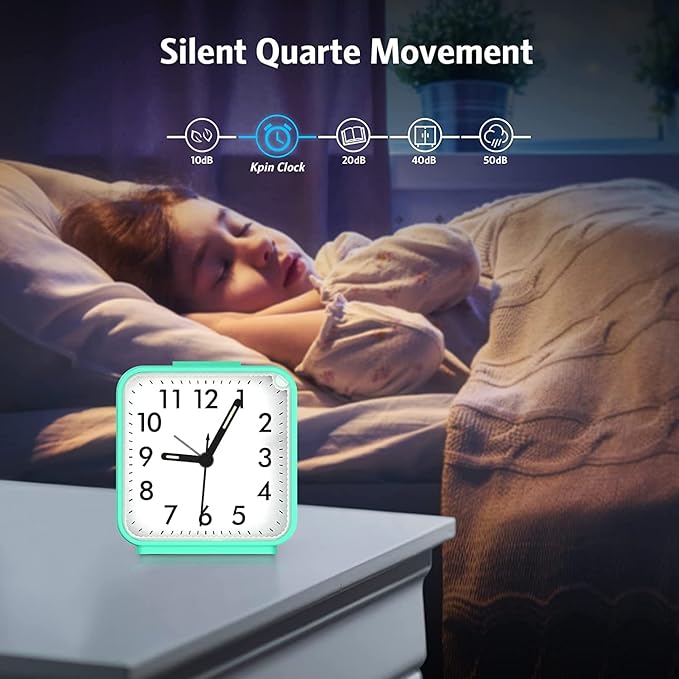 AMIR Analog Alarm Clock, Silent Non Ticking Small Clock, Travel Alarm Clock with Snooze & Light, Ascending Beep Sounds, Battery Operated Loud Alarm Clock for Bedroom, Bedside, Desk