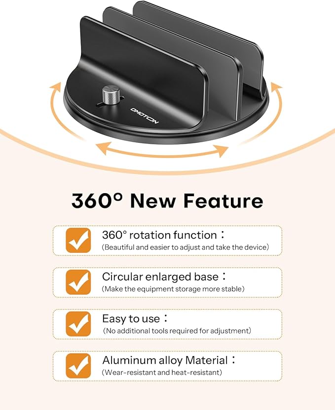 OMOTON VL04 360° Rotating Vertical Laptop Stand Holder, Aluminum Dual-Slot Desk Organizer for MacBook & iPad, Sides Knob Adjustment (No Lost Screws), Holds Laptop, Tablet & Keyboard, Fits up to 17.3"