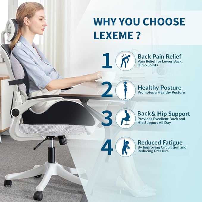 Lexeme X Large Memory Foam Seat Cushion Lumbar Support Pillow for Sciatica & Tailbone Pressure Relief Coccyx Pad for Office Chair, Car,Wheelchair,Home,Office