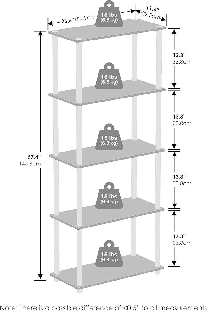 Furinno Turn-N-Tube Book Shelf, 5-Tier Bookshelf, Bookcase with Multipurpose Compact Display Rack, 11.6 x 23.6 x 57.4, for Living Room, Bedroom, Home Office, Light Cherry/Black