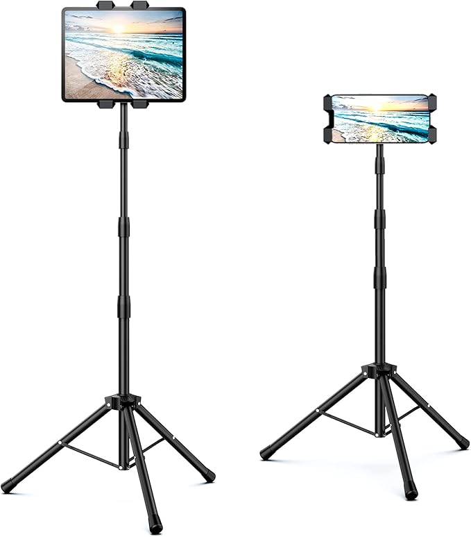 Raking Tablet Floor Stand, Height Adjustable Cellphone Floor Stand with 360°Rotating Tripod Mount, Compatible with iPhone iPad mini/Air/Pro and All 5.5-12.9 Inch Devices