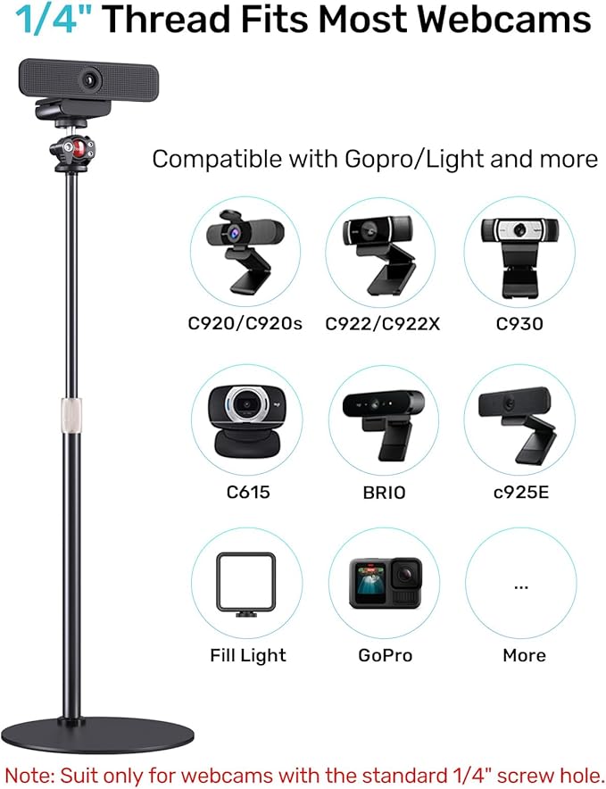 Webcam Stand for Desk, Raise Height Desktop Stand with Adjustment for Logitech Webcam C920 C922 BRIO, 360°Rotatable Ballhead Desktop Tripod for Live Streaming/Video Calling with 1/4" Thread