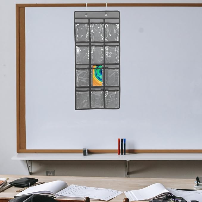 DOITOOL 12 Clear Pockets Classroom Pocket Chart for Cell Phones, Cell Phones Calculator Holder for Classroom Storage, Wall Door Hanging Organizer, Grey
