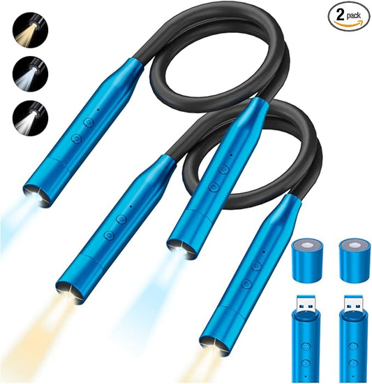 2 Pack Neck Book Lights, 3 Colors & 3 Brightness Levels, Flexible 380° Neck Light Rechargeable, LED Reading Lights for Books in Bed, 80 Hrs Lasting, Perfect for Reading, Knitting, Crafts, Repairs