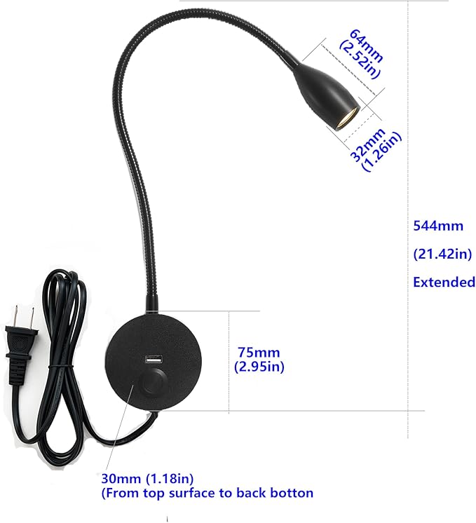 LED Wall Reading Light with USB Charging Port, Touch Dimmable Switch Gooseneck Bedside Lamp, Flexible Arm, 3W (Black, 120V Plug in, Warm White)