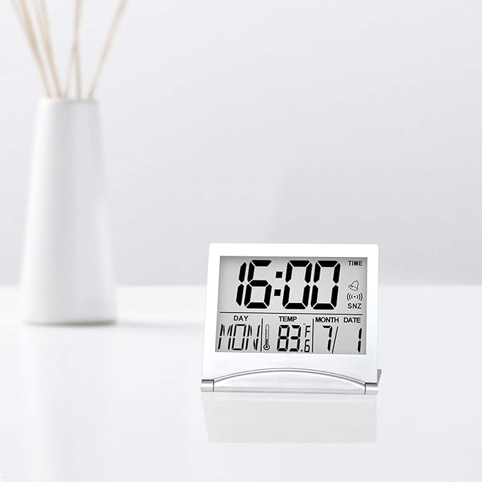 Betus Digital Travel Alarm Clock - Foldable Calendar Temperature Timer LCD Clock with Snooze Mode - Large Number Display, Battery Operated - Compact Desk Clock for All Ages (Silver Pack of 2)