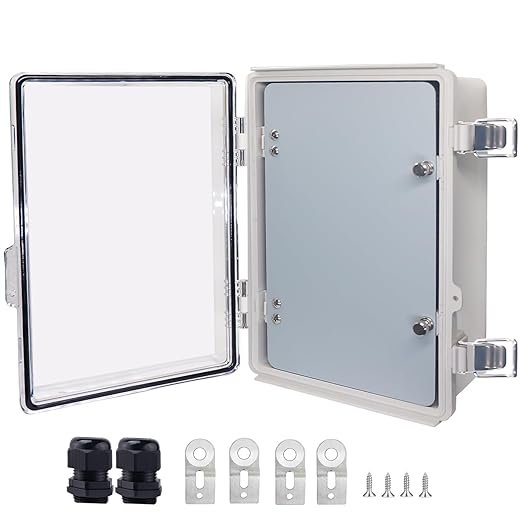 IP67 Waterproof Junction Box with Inner Door, ABS Plastic Electrical Enclosure with Stainless Steel Latch, Hinged Cover Electric Box with Mounting Plate, Wall Brackets & Cable Glands 290x190x140