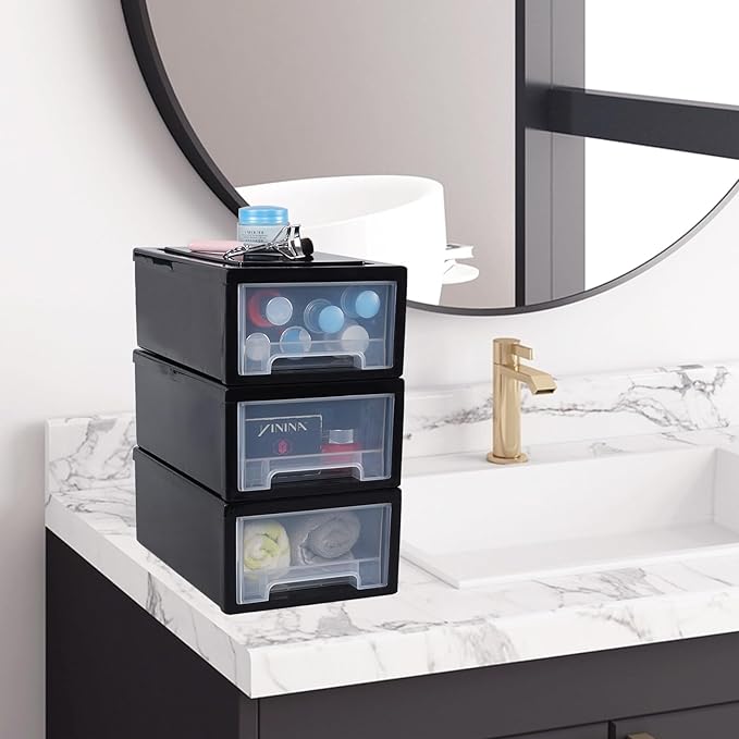 Compact Stacking Storage Drawer Unit, 6 Quart Plastic Desktop Drawers, 3 Pack, Black
