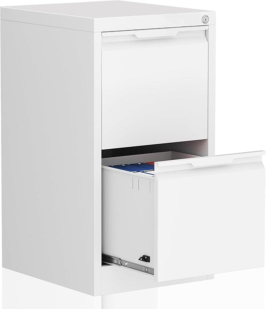 2 Drawer File Cabinet with Lock,Filing Cabinets for Home Office,Metal Small File Cabinet for Letters/Legal/A4 Size, Assembly Required,White