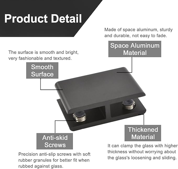 INCREWAY Glass Clamp, 4 Pack Adjustable Double Side Aluminum Alloy Shelf Support Bracket, Clip Holder for 8-10mm Thickness, 180 Degrees, Black