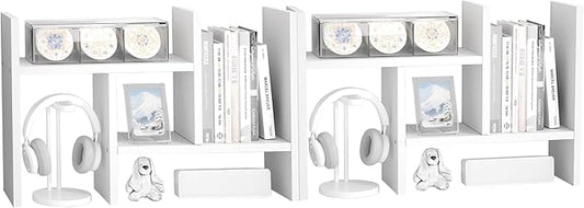 Jerry & Maggie Desktop Organizer Office Storage Rack Adjustable Wood Display Shelf Free Style Double H, Multi-Functional Mini Bookshelf for Desk Natural Stand (White/2 Pack)