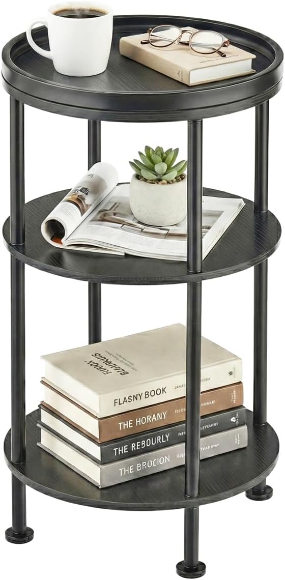 Small Round Side Table with Tray Top, 3-Tier Black End Table for Living Room & Bedroom, Modern Metal Nightstand with Storage Shelf, 11.8" Narrow Accent Table for Small Spaces, Balcony, Classic Black