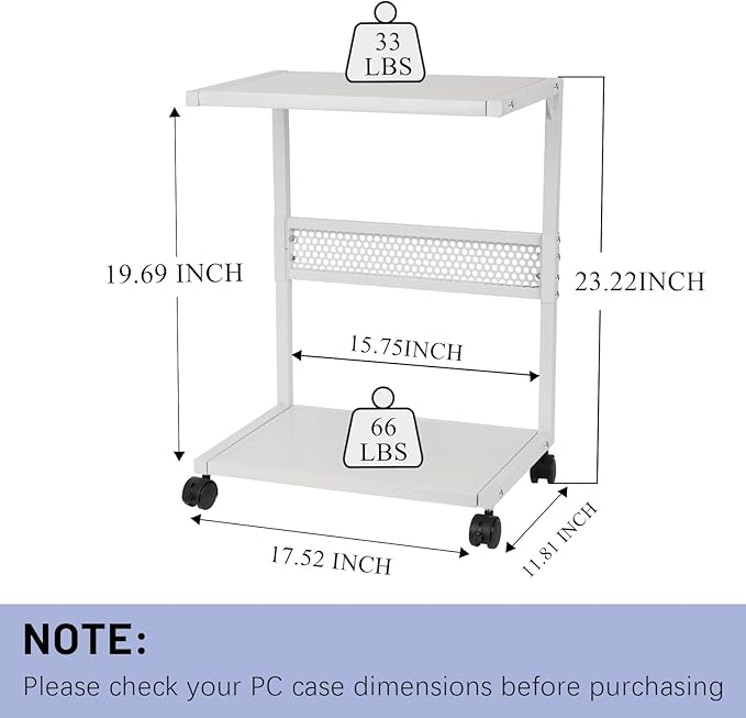 Bfttlity PC Stand Computer Tower Stand 2-Tier Metal CPU Holder with Locking Caster Wheels Suitable for Most PC (S,White)
