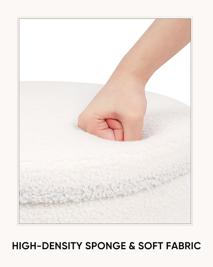 Round Boucle Storage Ottoman, Sherpa Teddy Fabric Ottoman Footstool with Reversible Tray Lid, Folding Footrest with Storage for Living Room, Bedroom, Dorm, White, 14.6" x 14.6" x 17.7"