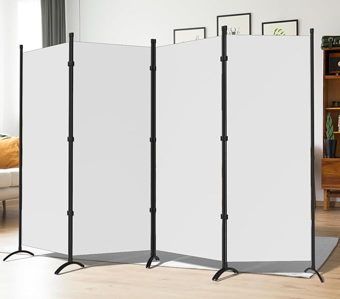 Room Dividers Folding Privacy Screens 4 Panel Partition Screen Steel Frame& Frabic Office Partition for Home Office Dorm Decor White