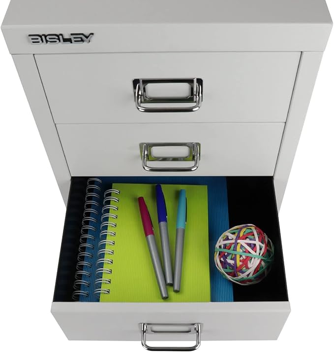 Bisley 3-Drawer Steel MultiDrawer Cabinet - Light Grey, Chrome Pull Handles with Label Holders, Powder-Coated Steel, Removable Drawers, Desktop Storage, Labels Included