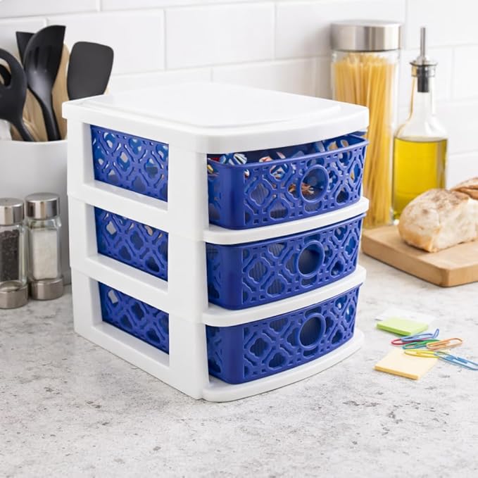 3 Drawer Basket Weave Mini Plastic Organizer Makeup HBA Cosmetics Arts & Crafts Desktop Stationary (Blue)