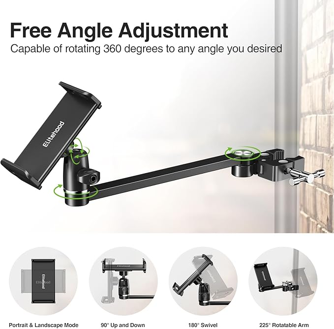 elitehood 12in Extra Long Arm iPad Mic Stand Mount, 360° Adjustable iPad Holder for Mic Stand, Tablet Holder for Microphone & Cymbal & Drum, Tablet Music Mount Fit 4.7-13in Devices