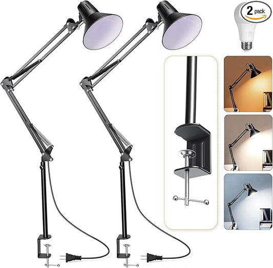 2 Pack LED Desk Lamp Dimmable with Clamp, Eye-Caring Clip on Lights for Home Office, 3 Adjustable Color Temperature, Extra Tall Metal Swing Arm, High Intensity Clamp w/A19 E26 Bulb for Working Reading