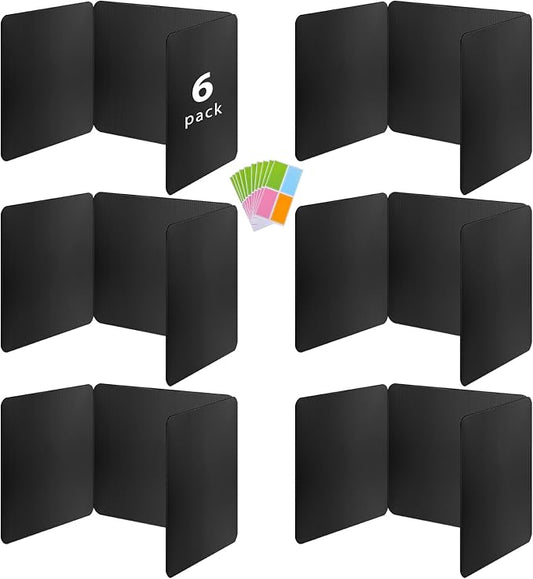 6 Pack Black Desk Dividers with Labels for Students, ROOKEA Waterproof Plastic Study Carrel Dividers, Privacy Classroom Shield Folder Boards Desk for Classroom Teacher Supplies Test Divider