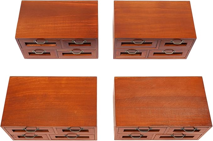 4 Pcs Vintage Wooden Storage Box, 16 Drawer Desktop Organizer for Home Office Organization, Brown Storage Cabinet for Storing Small Items like Cosmetics and Cards