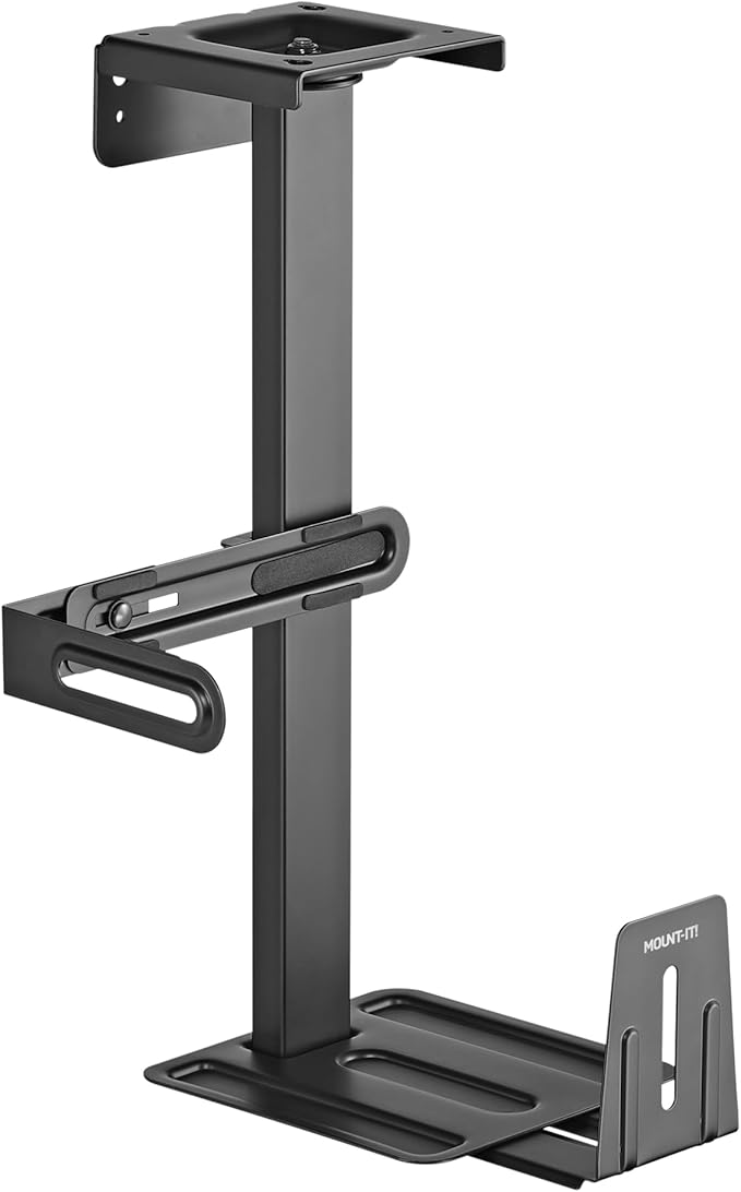 Mount-It! Under Desk PC Mount and Wall Mount, Adjustable CPU Holder with 360° Swivel, Fits Computer Towers 6.1–9.3" Wide, 8.2–10.1" Deep, Heavy Duty Steel 44 lbs Capacity, Anti-Scratch Pads